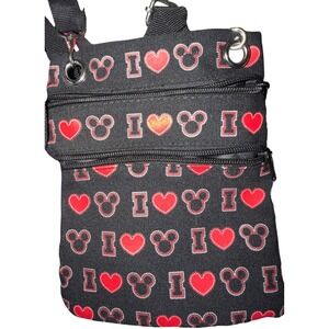 Disney I Love Mickey Mouse Hearts Black Crossbody Bag Small Purse Zip‎ Pouch